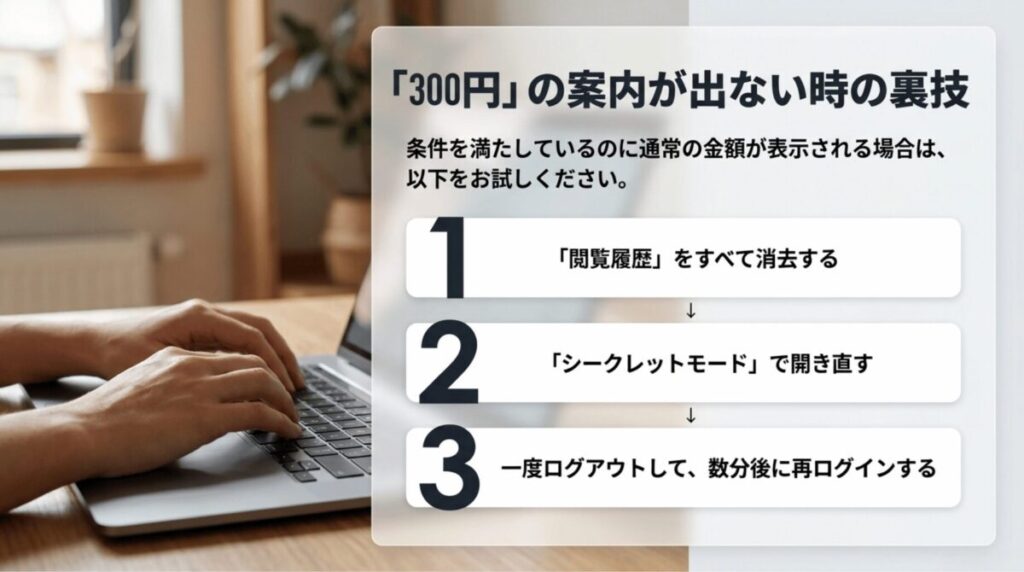 300円の案内が表示されない場合に、閲覧履歴の削除、シークレットモード、再ログインを試す流れを示したスライド