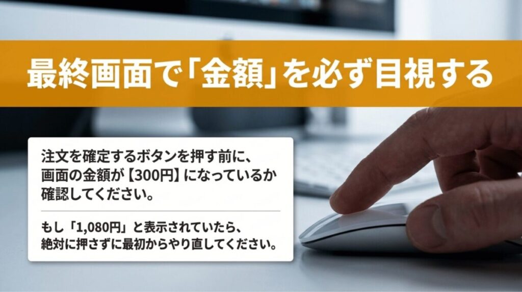 Amazon Music Unlimitedの注文確定前に、画面の金額が300円になっているか確認するよう注意喚起するスライド