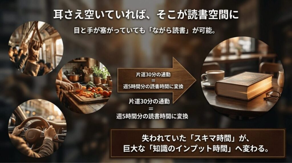 通勤電車、料理、運転などの場面を使って、Audibleならスキマ時間を読書時間に変えられることを示したスライド