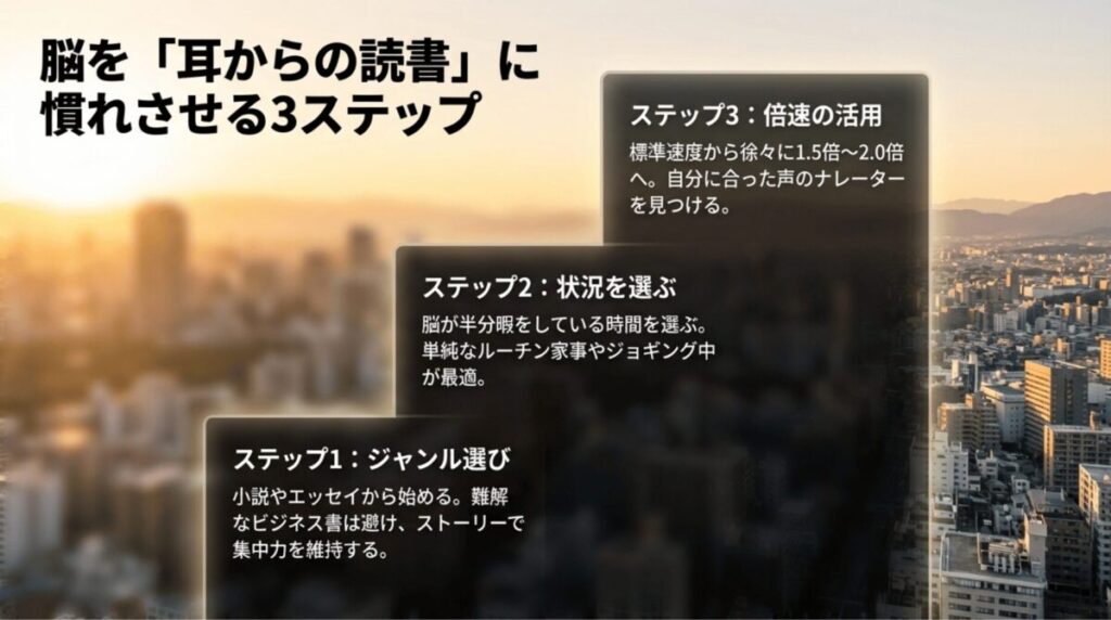 耳からの読書に慣れる方法として、ジャンル選び、聴く状況の選定、倍速活用の3ステップを階段状に示したスライド
