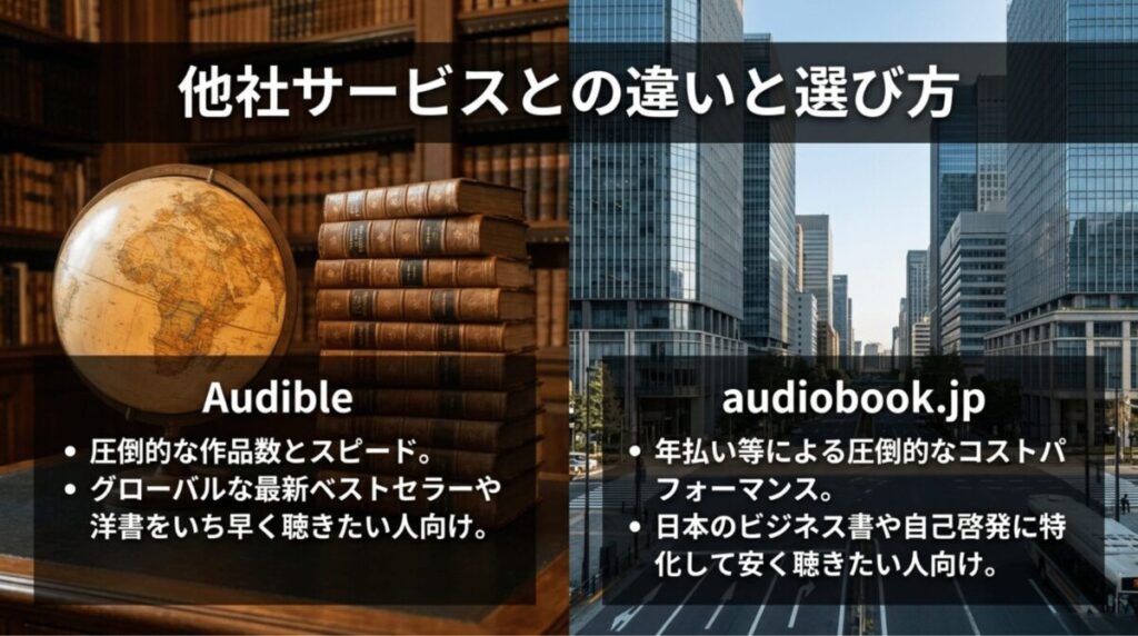 Audibleとaudiobook.jpを左右に並べ、作品数や配信スピード、コストパフォーマンス、日本のビジネス書の強さを比較したスライド