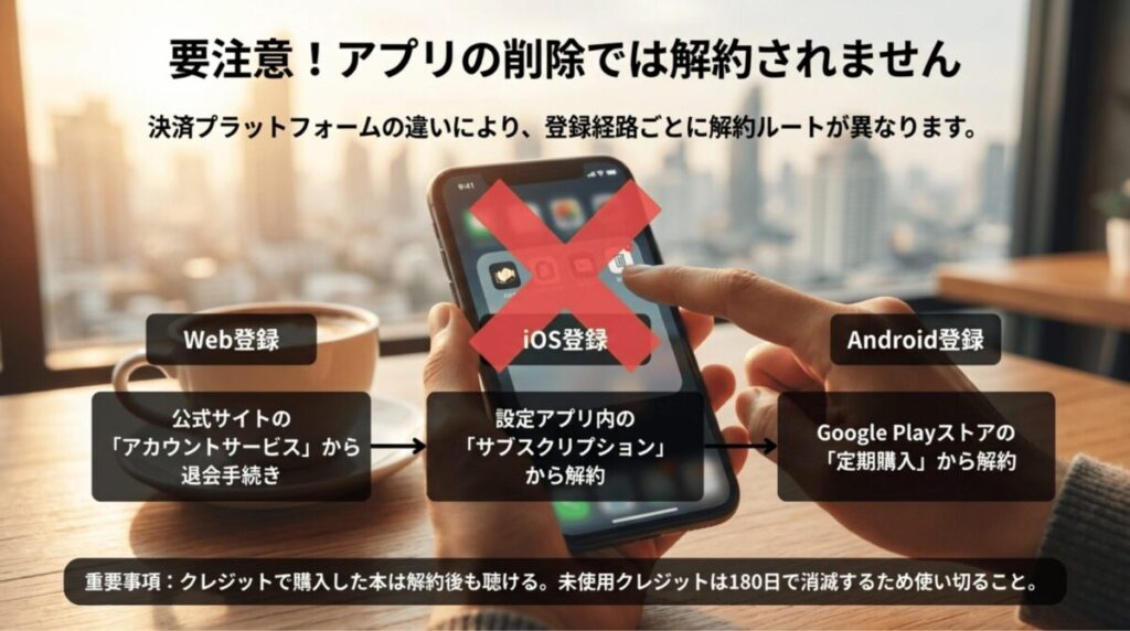 アプリを削除しただけでは解約にならないことを強調し、Web登録、iOS登録、Android登録ごとの解約ルートを示したスライド