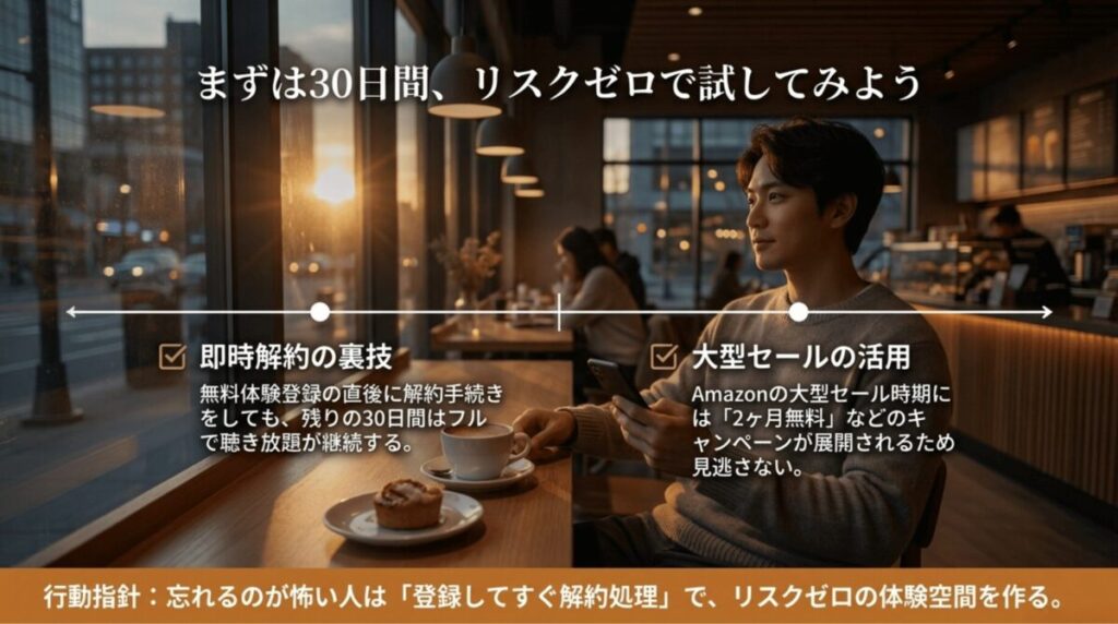 30日間無料体験をリスクゼロで試す方法として、登録直後の解約と大型セール時のキャンペーン活用を紹介しているスライド