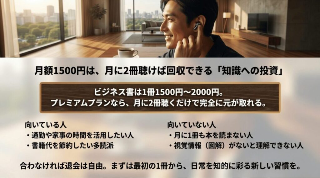 Audibleの月額1500円は月2冊聴けば回収できることと、向いている人と向いていない人の特徴をまとめたスライド