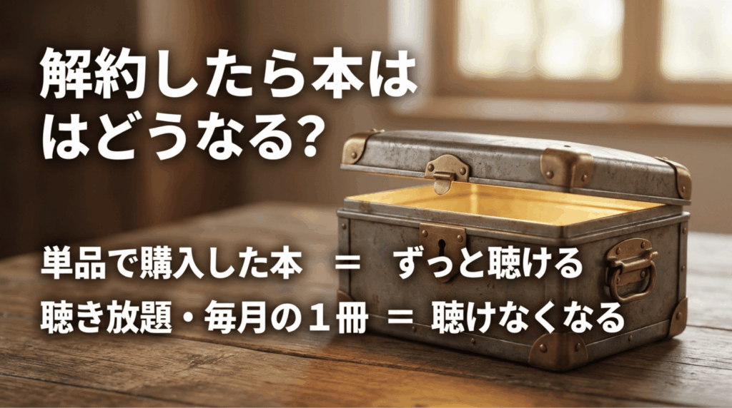開いた宝箱の写真に「解約したら本はどうなる？」とあり、単品購入は聴けるが聴き放題と毎月の1冊は聴けなくなることを説明している