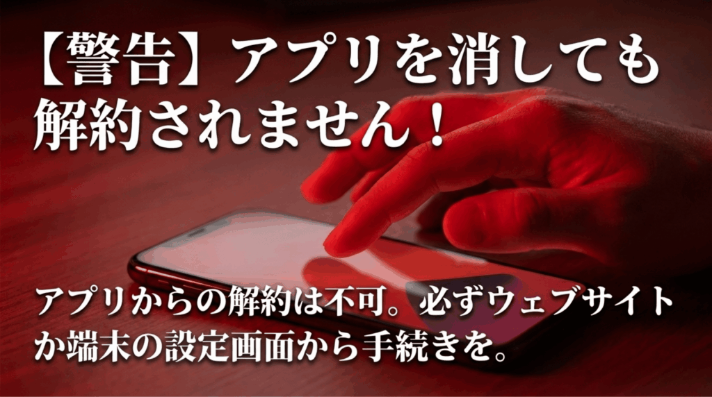 赤い光のスマホ画面に指が触れる画像に「アプリを消しても解約されません」と表示され、Audible解約時の注意点を警告している