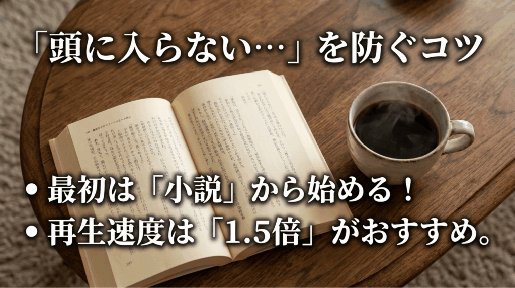 開いた本とコーヒーの背景に「頭に入らないを防ぐコツ」とあり、小説から始めることや1.5倍再生をすすめている