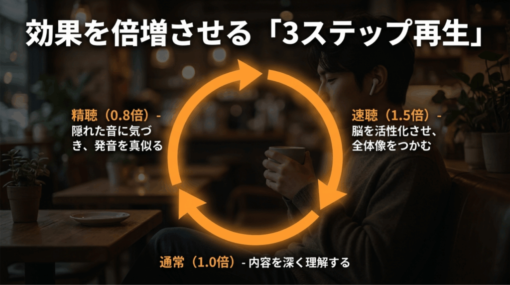 Audibleの再生速度を0.8倍、1.5倍、1.0倍で使い分け、精聴、速聴、通常再生を循環させる学習法を図解したスライド