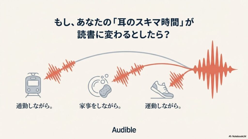 通勤、家事、運動といった日常のスキマ時間を読書時間に変える活用イメージ