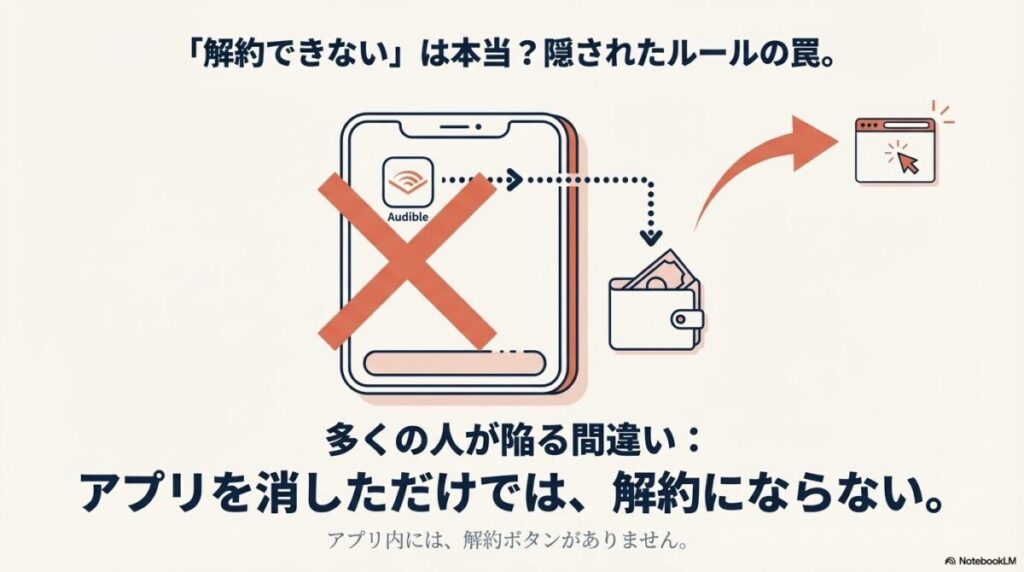 スマホからアプリを消すだけでは解約にならず、アプリ内に解約ボタンがないという注意を促すイラスト