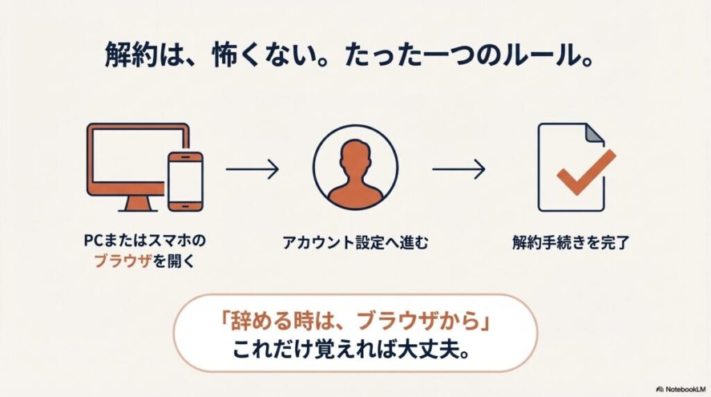 PCまたはスマホのブラウザからアカウント設定に進み解約を完了させる3ステップの手順