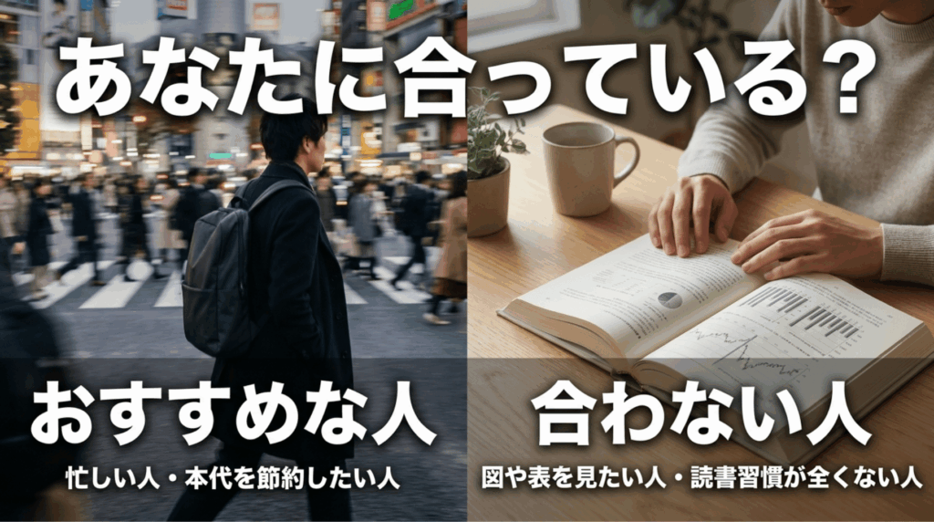 忙しい通勤風景と本を読む場面を左右に分け、「おすすめな人」「合わない人」を対比したAudible向き不向きのスライド