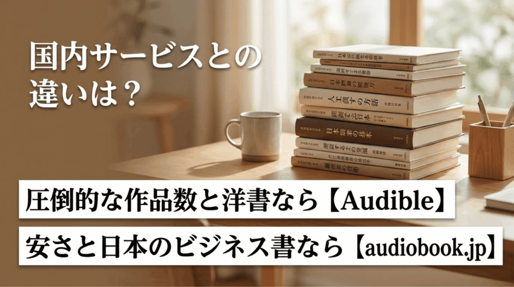 本の山がある机の背景に「国内サービスとの違いは？」と表示され、Audibleとaudiobook.jpの強みを比較している