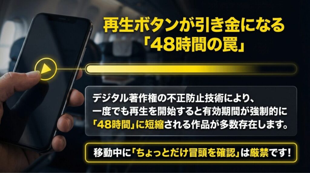 再生開始後に有効期限が48時間へ短縮される仕組みと、冒頭だけ確認すると失敗しやすい点を説明するスライド