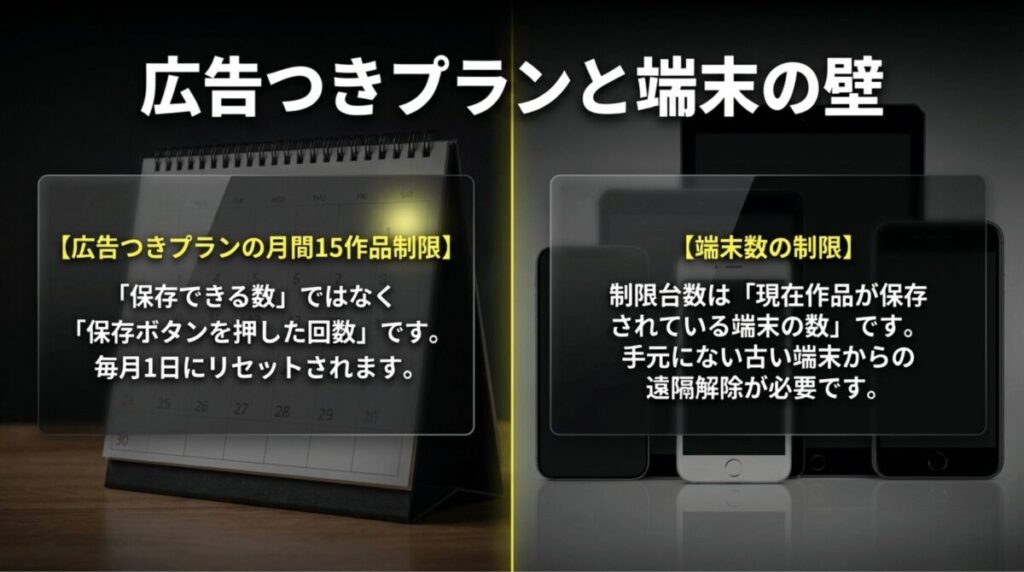 広告つきプランの月15作品制限と、ダウンロード保存可能な端末数の制限を左右に分けて解説したスライド