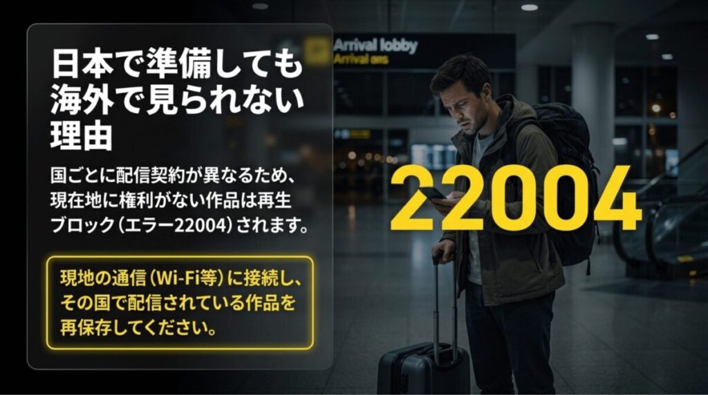 海外の空港でスマホを見る旅行者を背景に、日本で保存した作品が海外では22004エラーで再生できない理由を説明するスライド