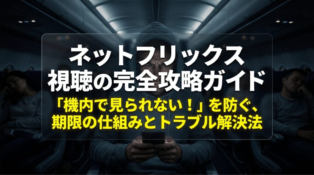 飛行機内でスマホを持つ人物を背景に、Netflixのオフライン視聴で起きやすい期限切れやトラブルの対策をまとめたタイトルスライド