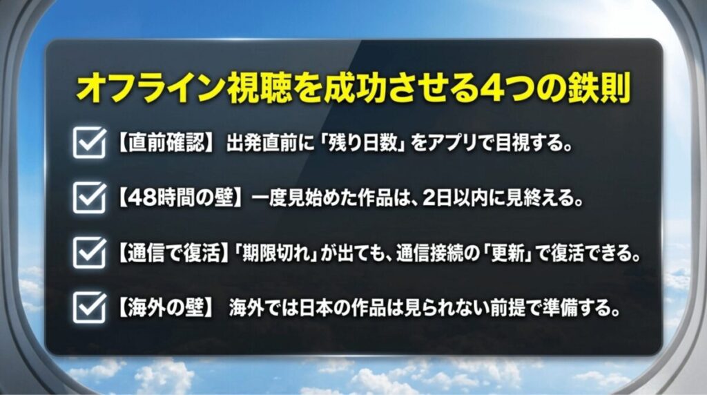 出発前の残り日数確認、48時間以内の視聴、通信接続での更新、海外では現地作品を使うことの4点をまとめた総括スライド