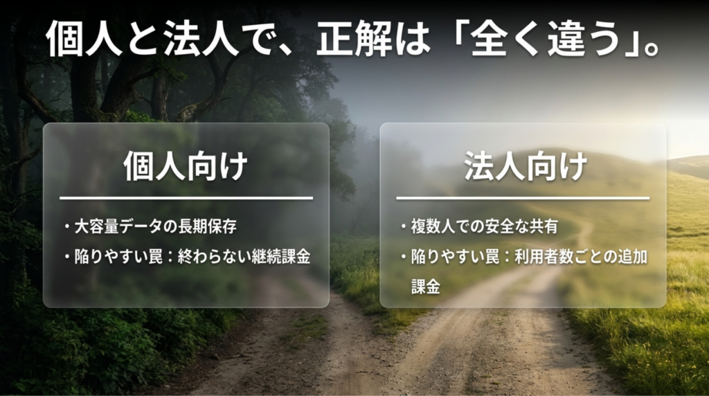 個人向けは大容量データの長期保存、法人向けは複数人共有と利用者ごとの追加課金が課題であることを比較したスライド