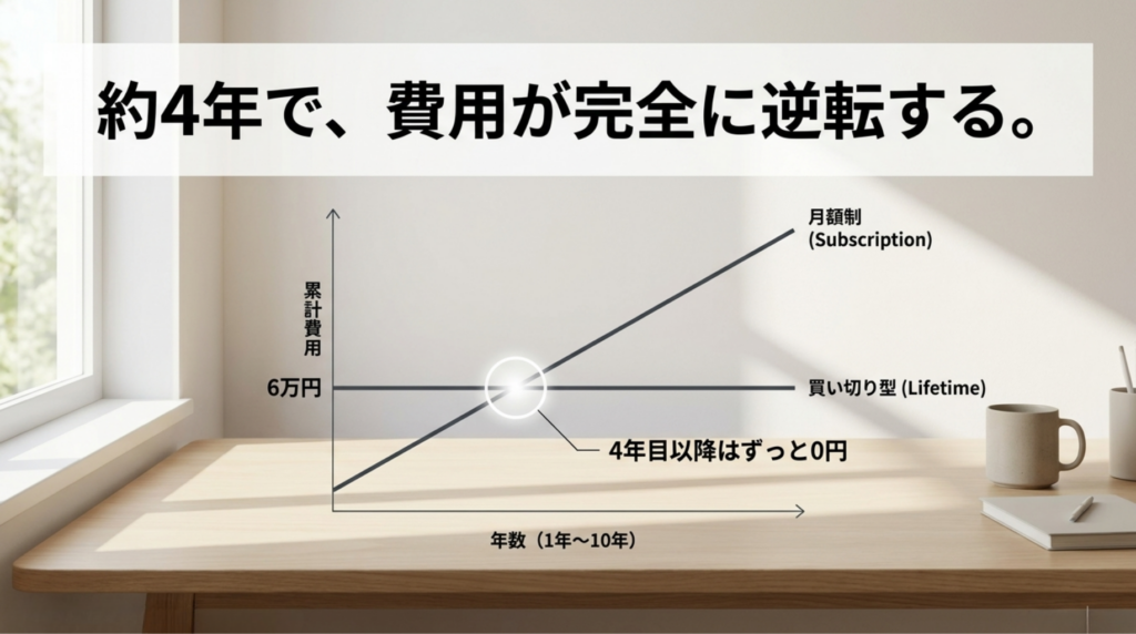 月額制クラウドストレージと買い切り型クラウドストレージの累計費用が約4年で逆転し、その後は維持費が0円になることを示すグラフ