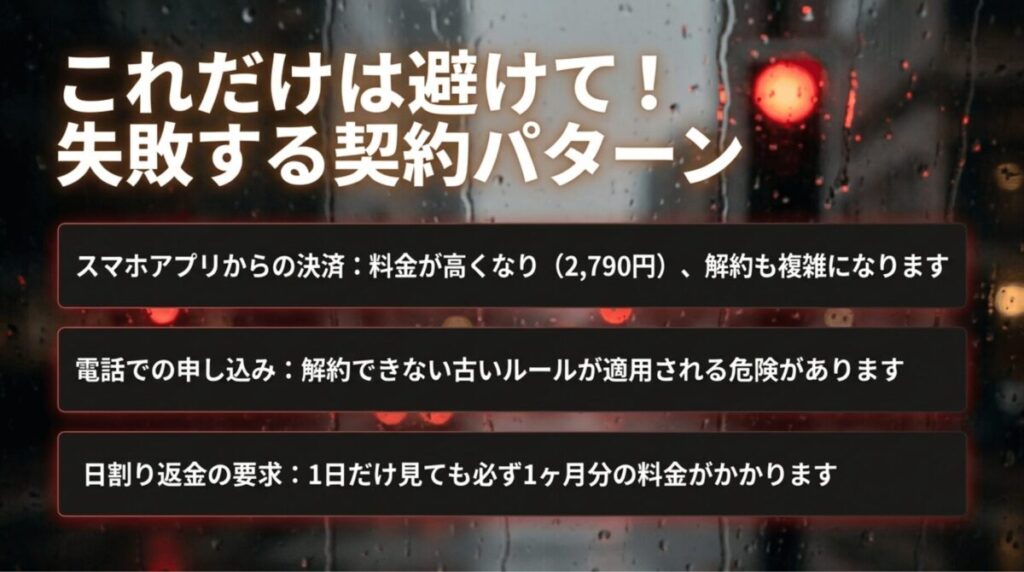 WOWOWで避けたい契約パターンとして、アプリ決済、電話申し込み、日割り返金の誤解を注意喚起するスライド