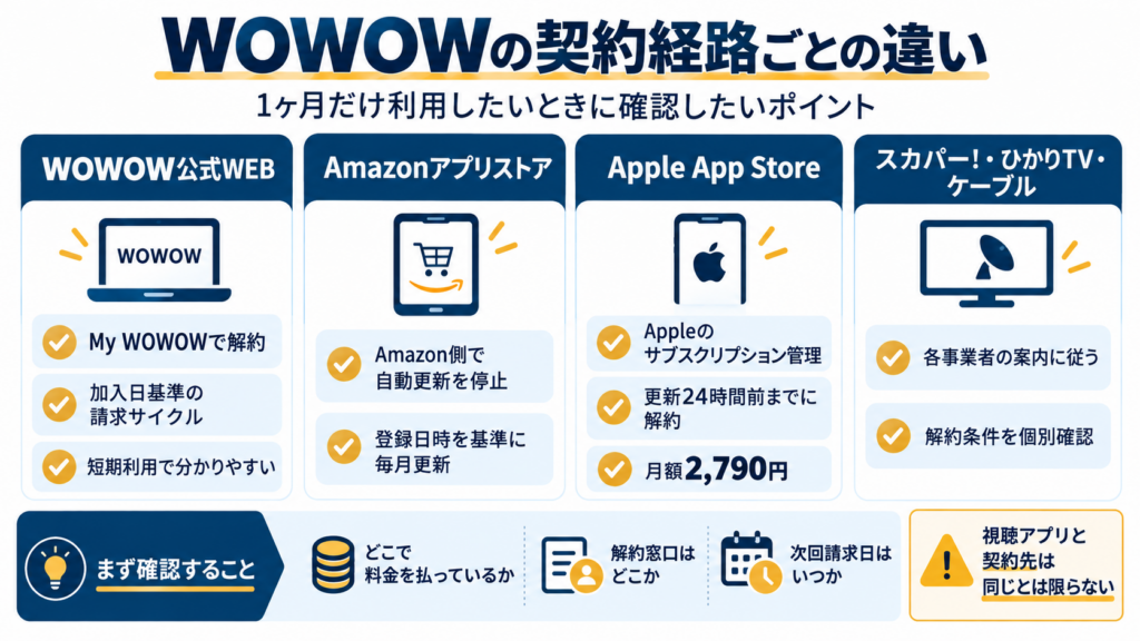 WOWOW公式WEB、Amazonアプリストア、Apple App Store、スカパーやひかりTVなど契約経路ごとの解約方法や確認ポイントを比較した図解