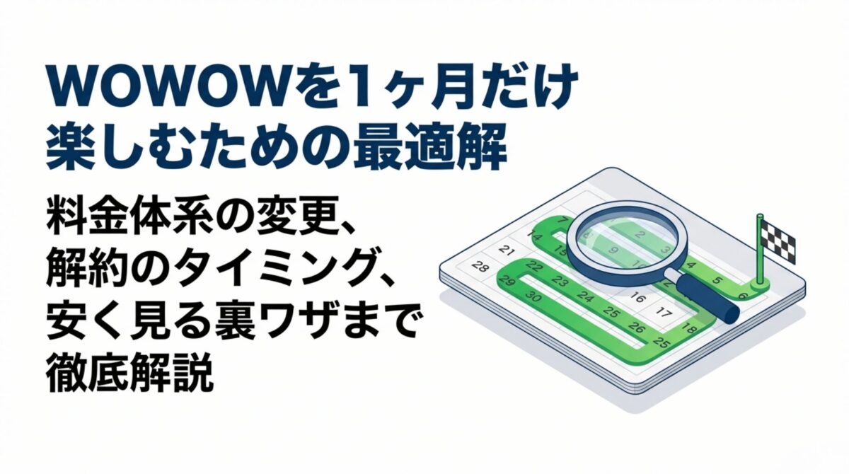 WOWOWを1ヶ月だけ利用するための料金体系の変更、解約のタイミング、安く見る裏ワザを解説するスライドの表紙