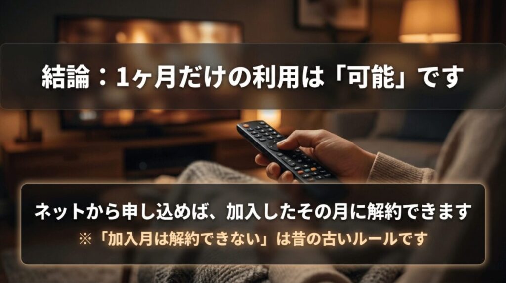 WOWOWはWEBから申し込めば1ヶ月だけの利用が可能で、加入月に解約できることを説明するスライド