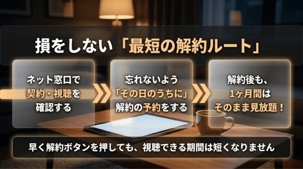 WOWOWを1ヶ月だけ利用するために、WEB契約後すぐ解約予約しても期間満了まで視聴できる流れを示すスライド