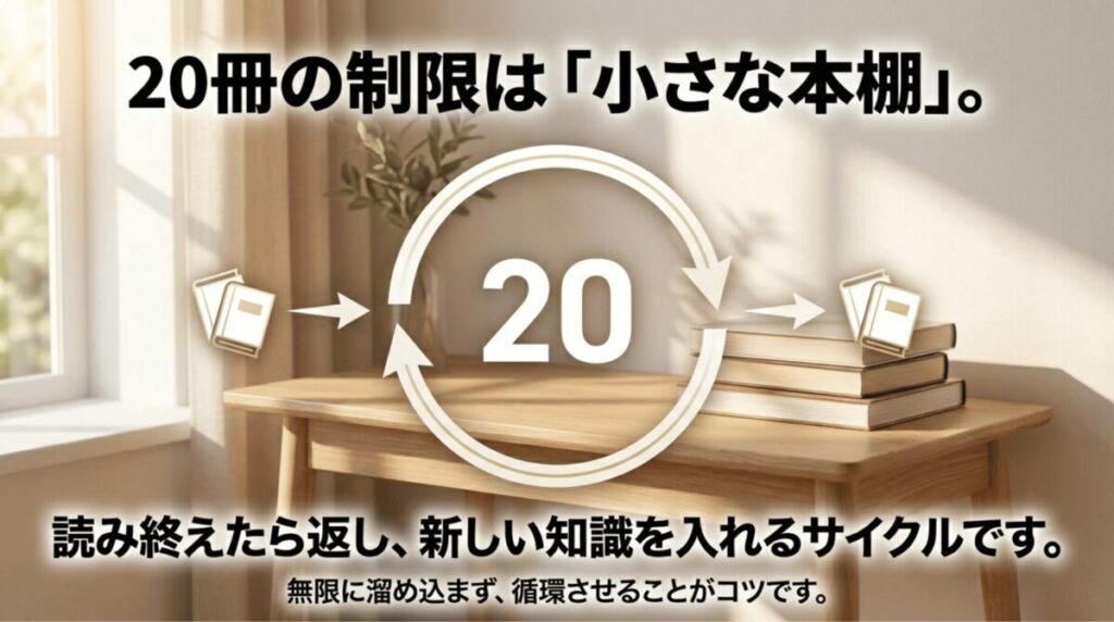 Kindle Unlimitedの20冊上限は小さな本棚のように、読み終えた本を返却して新しい本を入れる仕組みであることを示したスライド