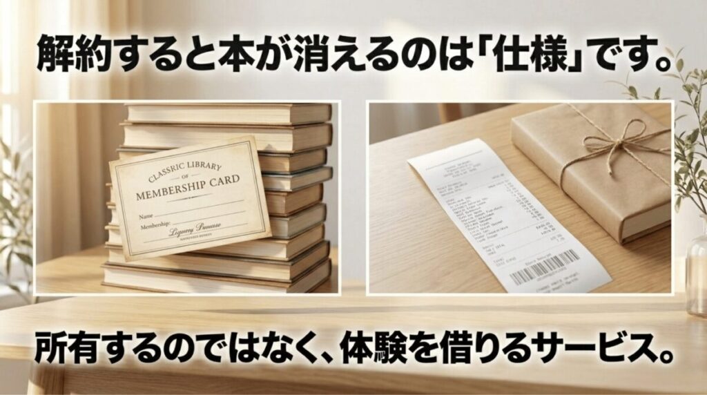 Kindle Unlimitedを解約すると読み放題で追加した本が読めなくなるのは、所有ではなく利用権のサービスだからであることを示したスライド