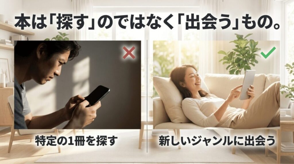 Kindle Unlimitedは特定の一冊を探すより、新しいジャンルや本に出会う使い方が向いていることを示したスライド