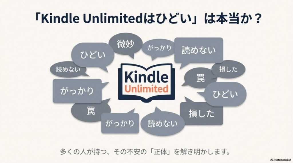 「ひどい」「がっかり」「罠」など、Kindle Unlimitedに対する悪い評判のキーワードが並ぶスライド
