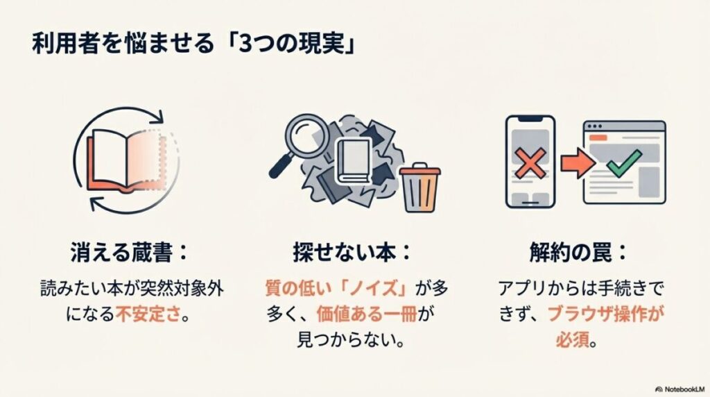 消える蔵書、探せない本（ノイズ）、解約の罠（ブラウザ必須）の3点を解説したスライド