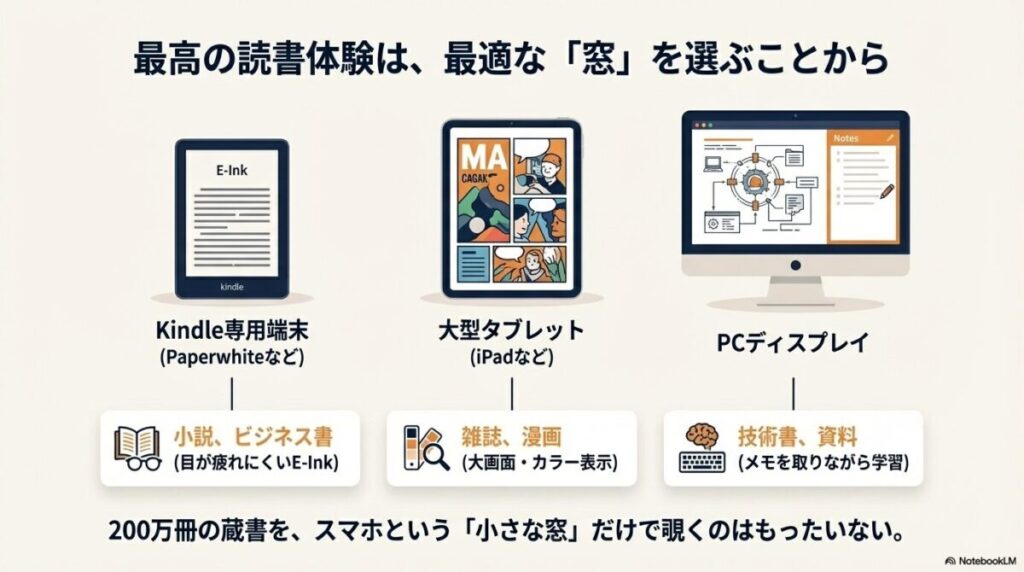専用端末（小説・ビジネス書）、大型タブレット（雑誌・漫画）、PC（技術書）の使い分けを推奨する図解