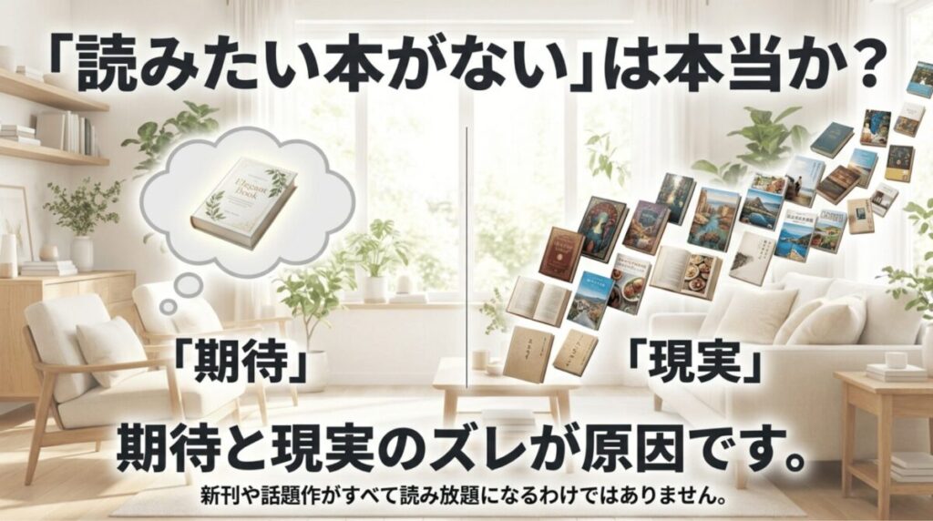Kindle Unlimitedで読みたい本がないと感じる原因は、期待と実際のラインナップのズレにあることを示したスライド