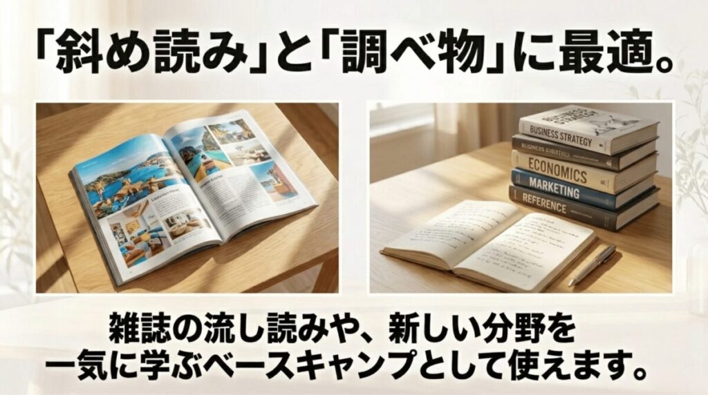 Kindle Unlimitedは雑誌の斜め読みや新しい分野の調べ物に向いていることを示したスライド