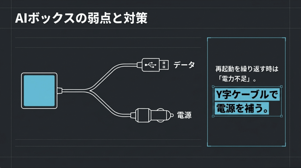 AI Boxの再起動を防ぐためY字ケーブルでデータ通信と補助電源を分けて接続する方法