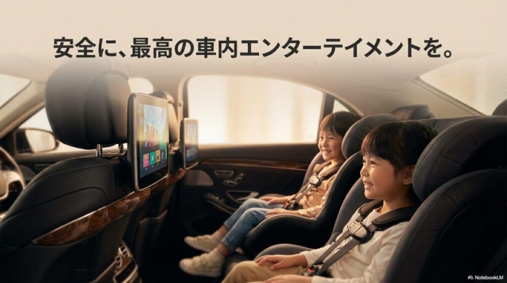 車の後部座席に設置されたモニターで、子供たちが笑顔で動画を視聴している車内の様子。