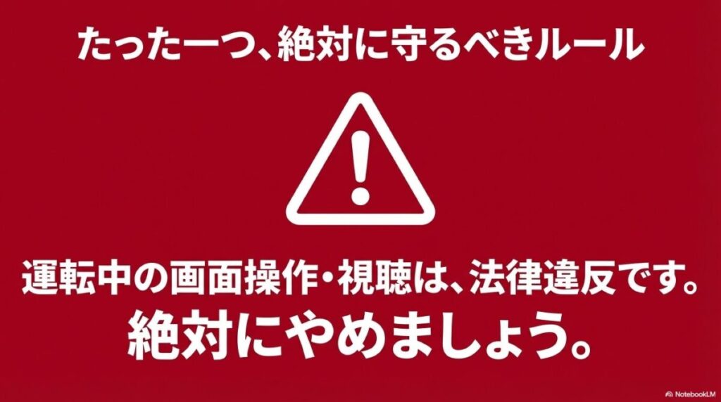 運転中の画面操作・視聴は法律違反であることを示す、赤い背景に感嘆符の警告マーク。