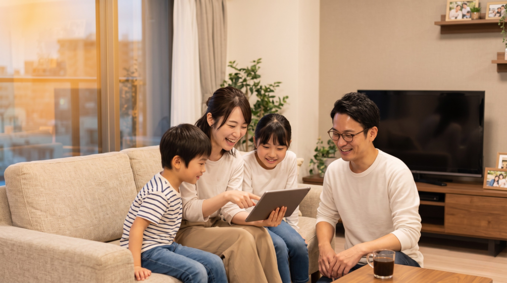 U-NEXTのリトライキャンペーンを利用し、リビングで家族と動画コンテンツを楽しむ日本人女性
