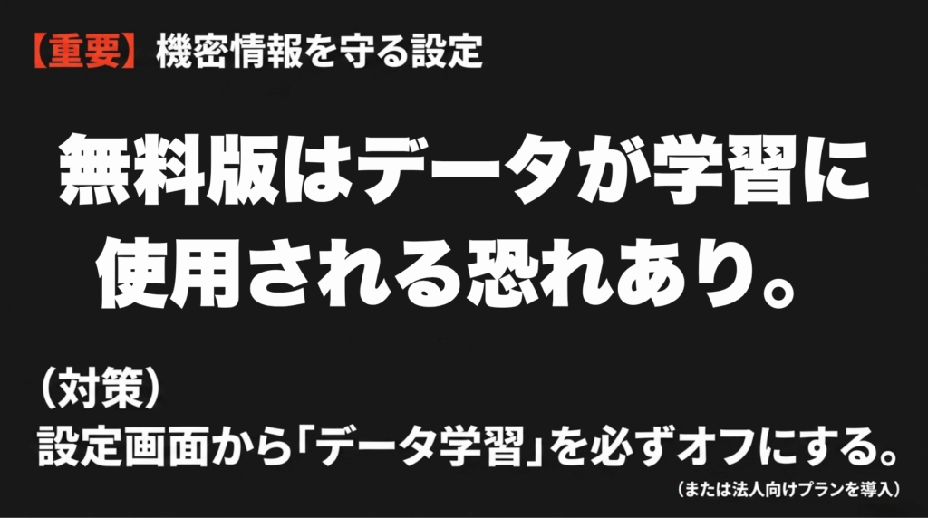 無料版ではデータが学習に利用される可能性があるため、データ学習をオフにする重要性を示すスライド