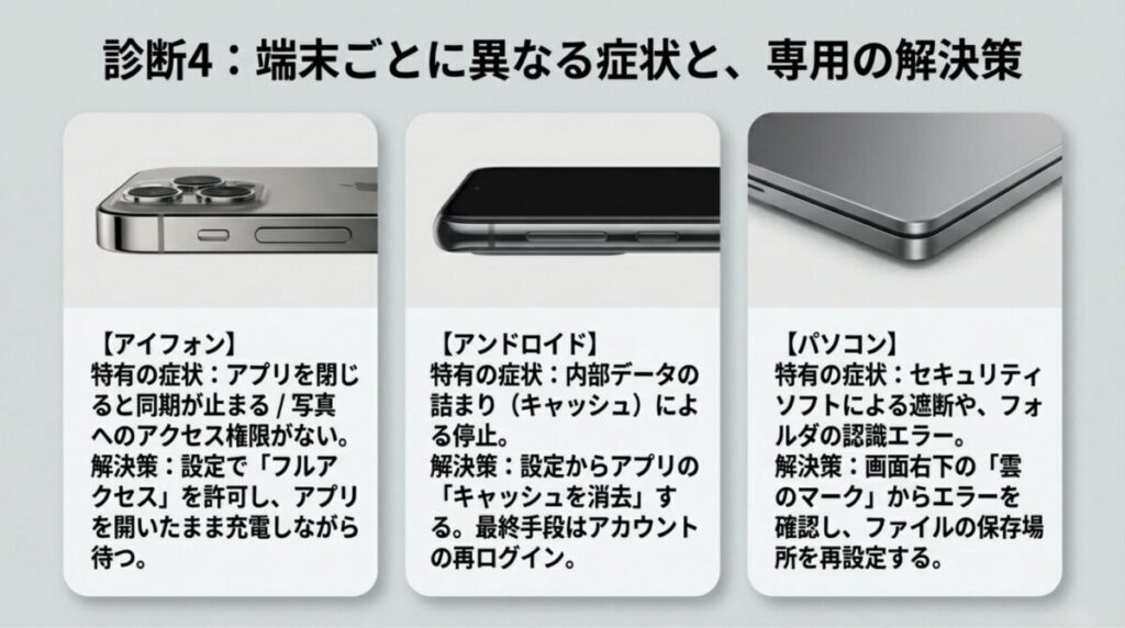 iPhone、Android、PCそれぞれで起こりやすいGoogleフォトの同期トラブルと、代表的な解決策を3つのカードで整理した比較スライド