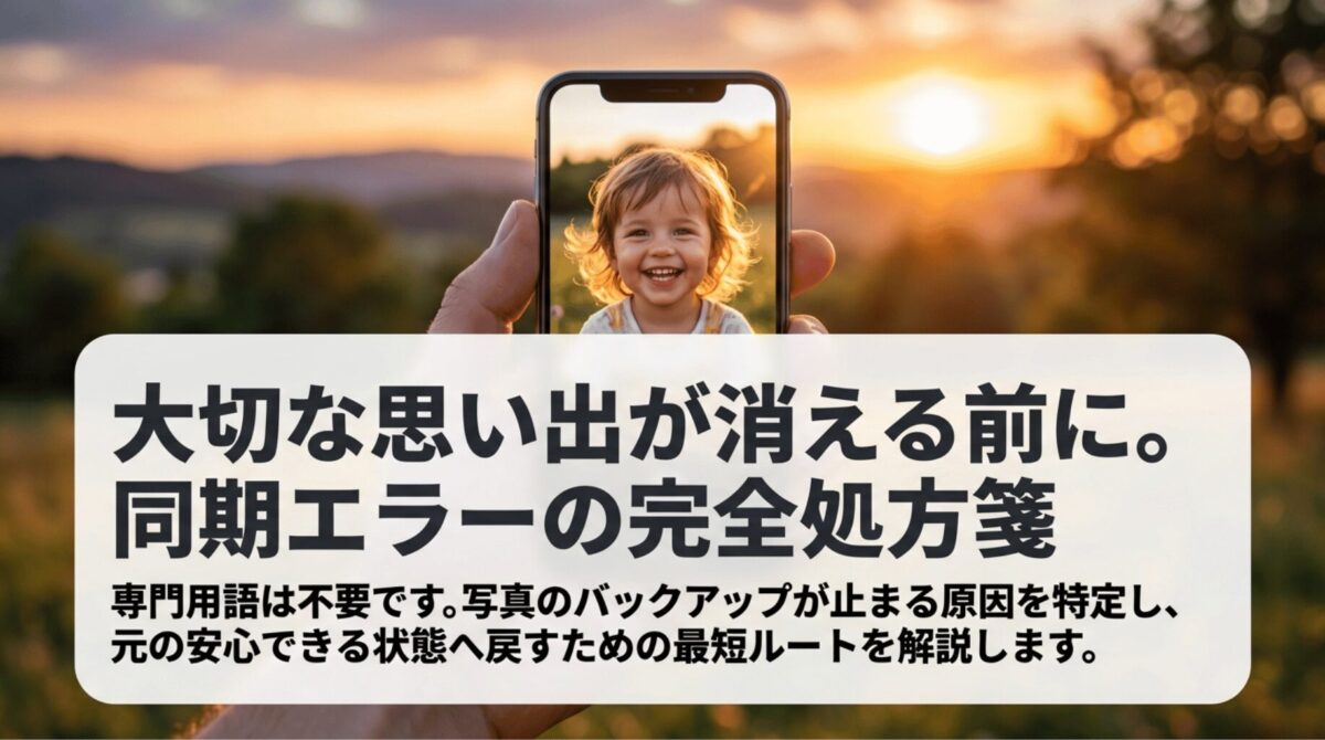 夕景を背景にスマホで子どもの写真を表示し、「大切な思い出が消える前に。同期エラーの完全処方箋」と大きく示した導入スライド