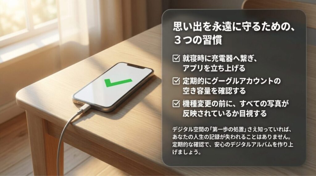 充電中にアプリを立ち上げる、空き容量を定期確認する、機種変更前に写真の反映を確認する、という3つの習慣を示した締めくくりスライド