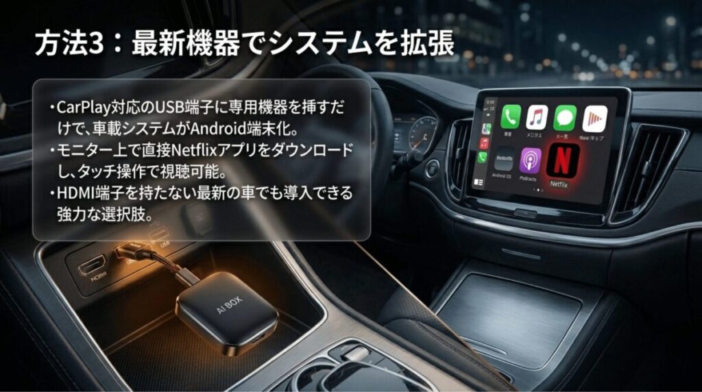 CarPlay対応USBにAI BOXを接続し、車載モニター上でNetflixアプリを直接使える仕組みを解説するスライド