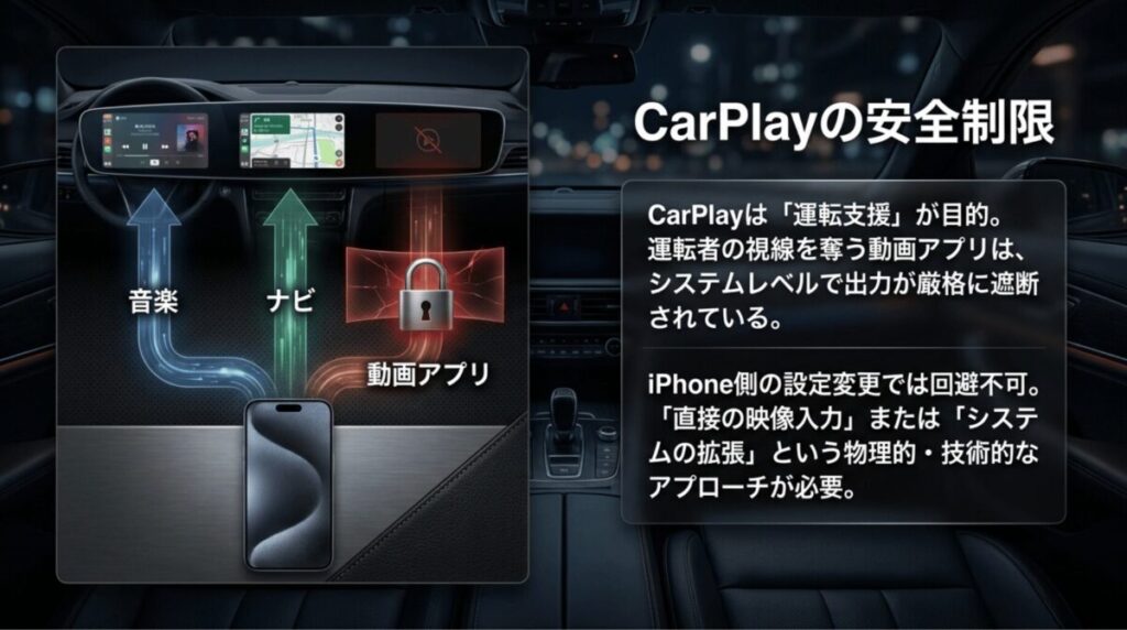 CarPlayでは音楽やナビは使える一方、動画アプリは安全制限によりシステムレベルで遮断されることを示す解説スライド