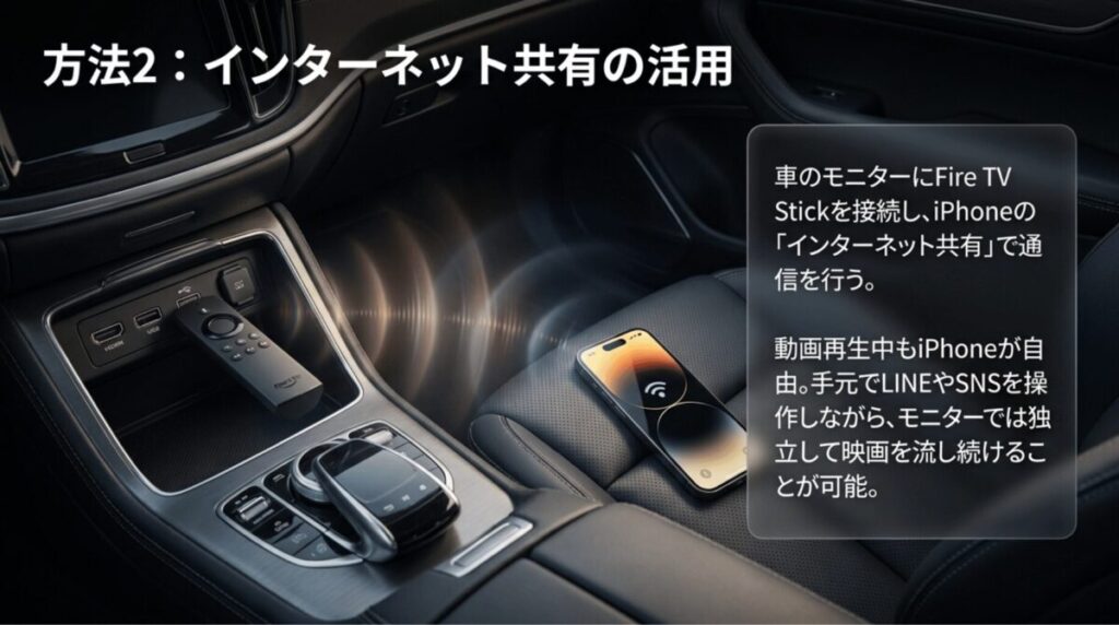 車のモニターにFire TV Stickを接続し、iPhoneのインターネット共有でNetflixを視聴する方法を説明するスライド
