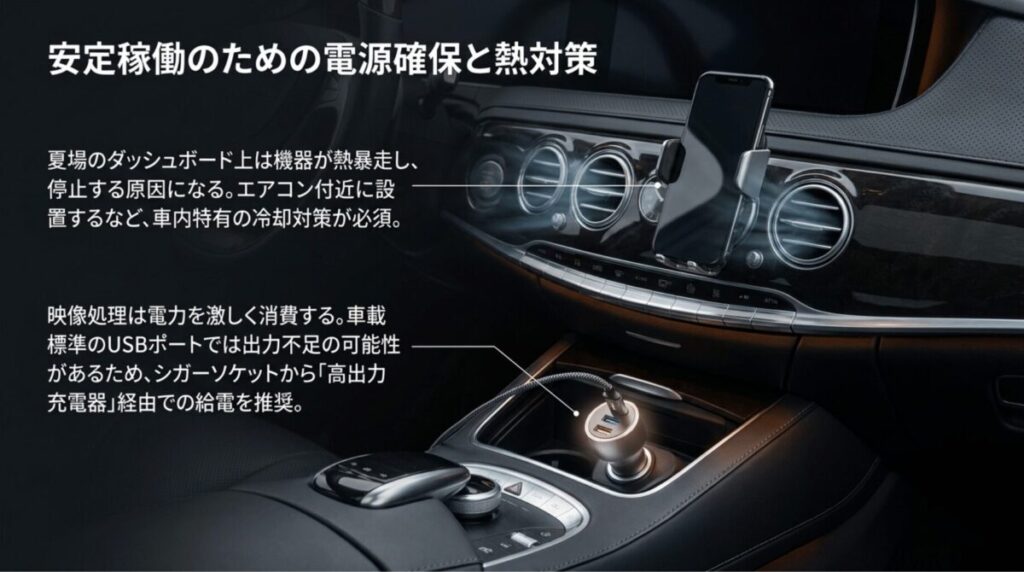 高出力USBチャージャーで安定給電し、スマホをエアコン吹き出し口付近に設置して熱暴走を防ぐポイントを解説するスライド
