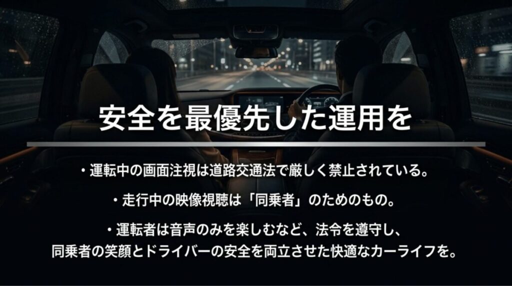 運転中の画面注視は禁止であり、動画視聴は同乗者向け、ドライバーは安全を最優先すべきことを伝える注意喚起スライド